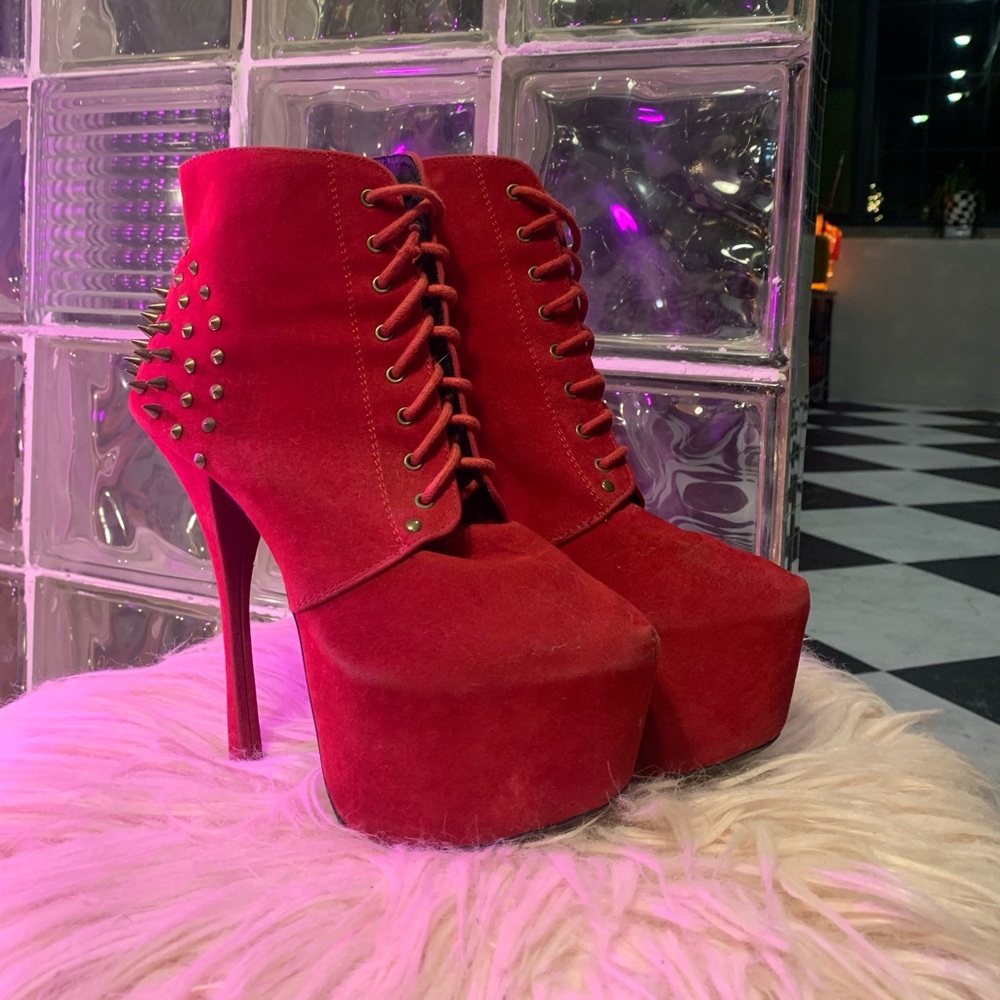 SUEDE SPIKE STUDDED STILETTOS PLATFORM BOOTIES